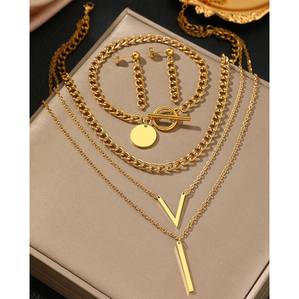 Stainless Steel Jewelry Set Fashion Hanging Bracelet Chain Earrings Cascading Chain Necklace Jewelry Set For Women Jewelry Gift