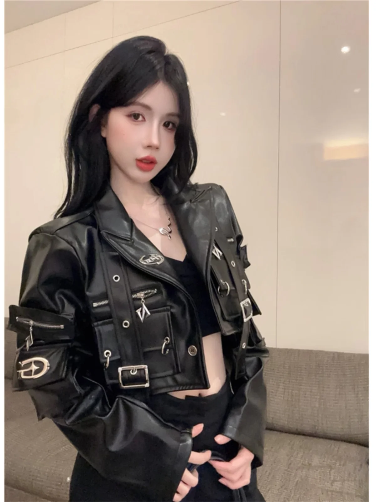 

Korean Sle Beautiful 2026 Spring New Heavy Du Sexy Biker Jaet PU Leather Zipper 3D ket Outerwear Women's Faion