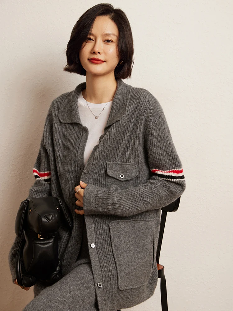 

Office Lady Autumn Winter Sweater Cardigan Clothes 100% Cashmere Women Sweater Long Sleeve Lapel Neck Warm Knit Fashion Long Top