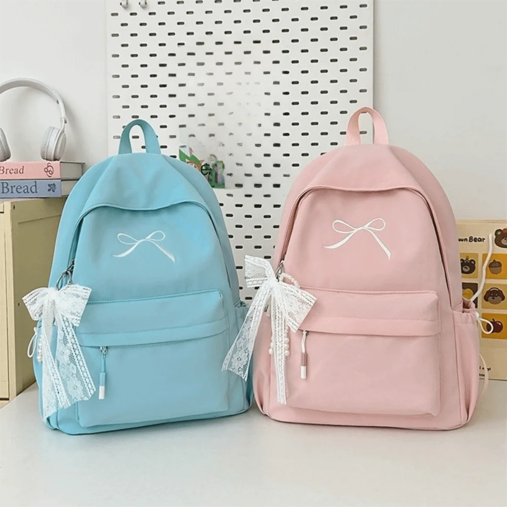 Cute Embroidered Bow Girls Backpack Nylon Large Capacity Students Schoolbag Lightweight Solid Color Travel Rucksack