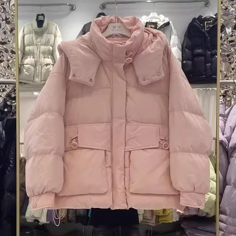 

Зимняя женская короткая куртка-пуховик 2023 года с капюшоном, свободного кроя, утепленная, теплая, в корейском стиле, с длинными рукавами, стандартной длины