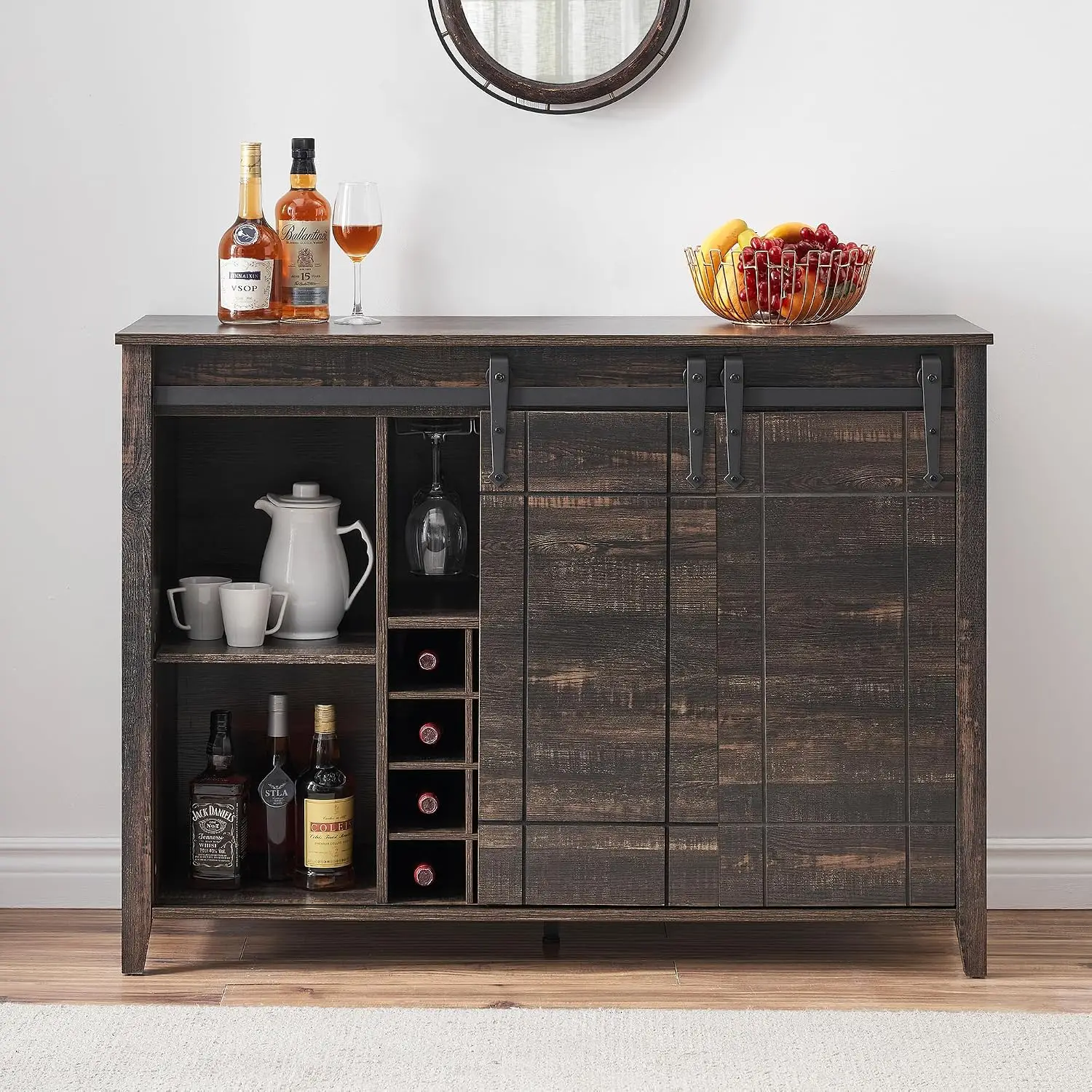 Coffee Bar Cabinet W/ Sliding Door Wine Glass Rack Large Buffet Sideboard For Dining Living Room Rustic Oak, Customized
