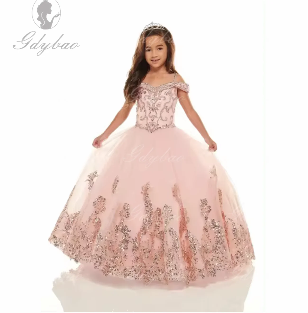 

Pink Flower Girl Dress For Wedding Shining Applique Puffy Tulle Floor Length Princess Pageant Kids Birthday Party Ball Gown