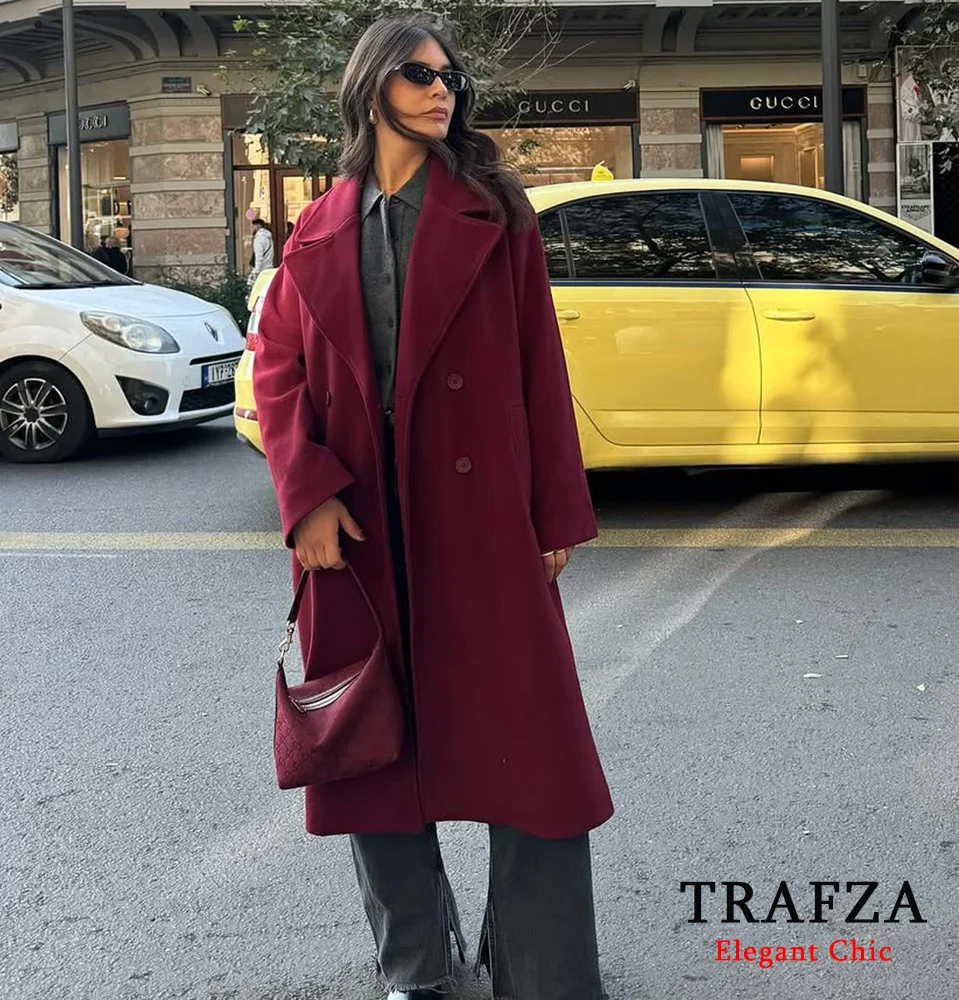 TRAFZA-Women High Street Long Coat Lapel Buttons Angora Red Coat New 2025 Fashion Fall Winter Romantic Elegant Commuter Coat