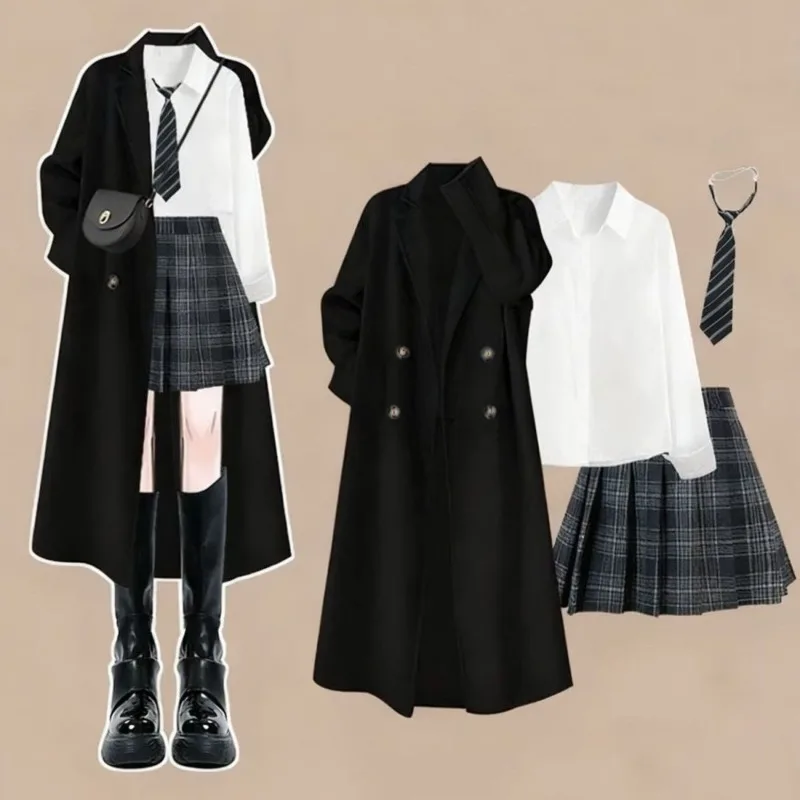 Women's Korean Autumn Winter Graceful Black Overcoat Sweater Pleated Skirts 1 or Three Piece Set Lady Long Jacket Skirt Outfits view 2