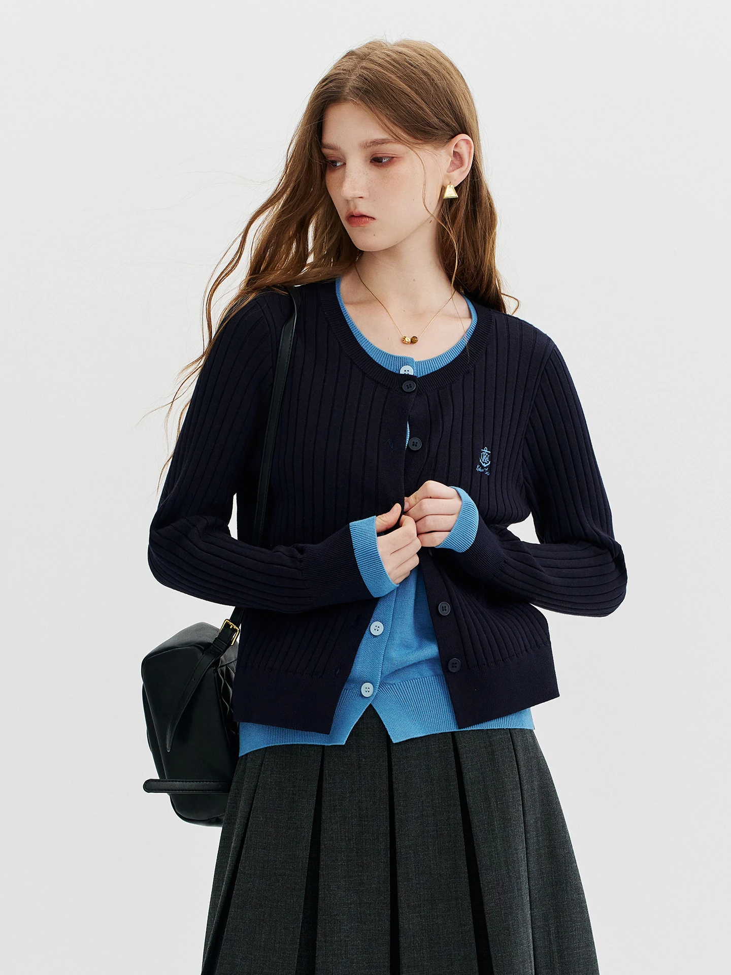 Color Block Knitted Open Cardigan Women's Autumn Fashion Soft Drapey Light Maturity Style Long Sleeve round Neck Knitwear