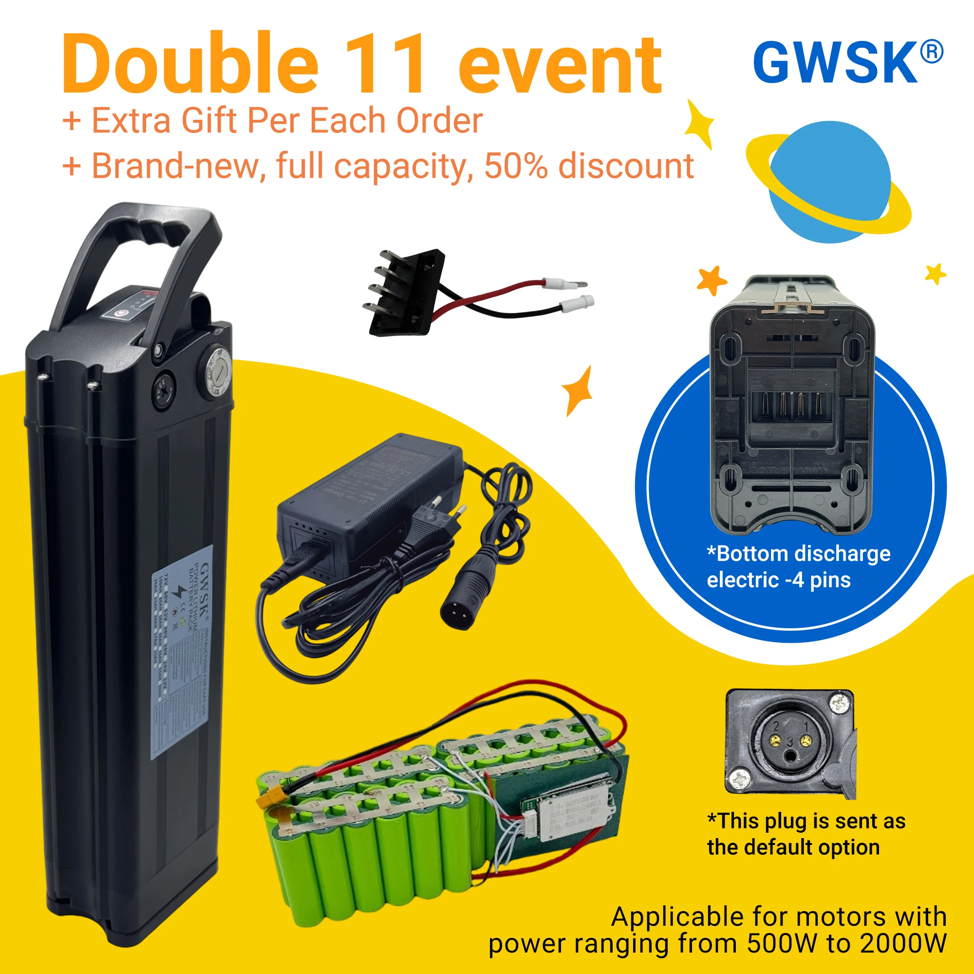 

390 black silver fish bottom 4-pin discharge, 24V36V48V18650 lithium battery pack, suitable for 2000W motors