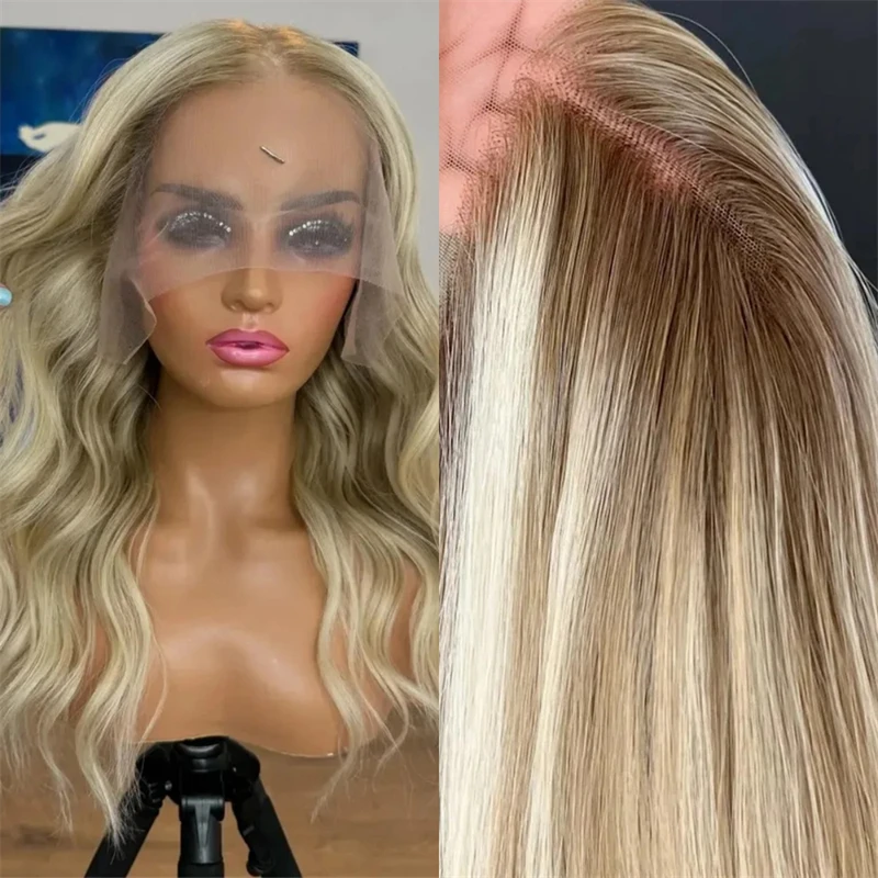 

13x4 Ombre Golden Blonde Balayage Highlights Human Hair Blend Wig Soft HD Lace Front Wig Synthetic Wigs Pre Plucked Hairline