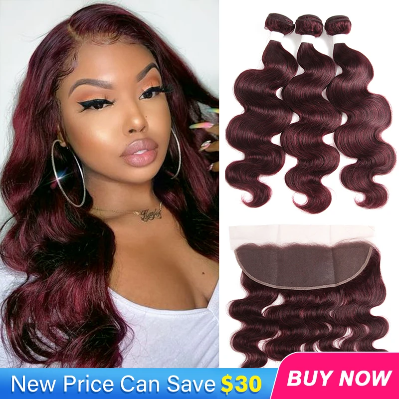 

99J/Burgundy Body Wave Human Hair Bundles With Frontal 13x4 SOKU RedWine Brazilian Hair Weave Bundles With Closure Remy Hair