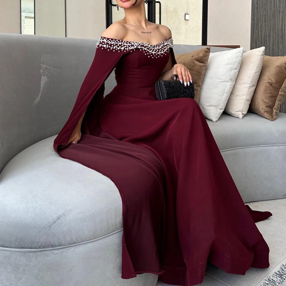 Customized Delicate  Crystal Boat Neck Floor Length Evening Dress A-Line Jersey Sleeveless Sweep Train Shawl Vestidos Para Mujer