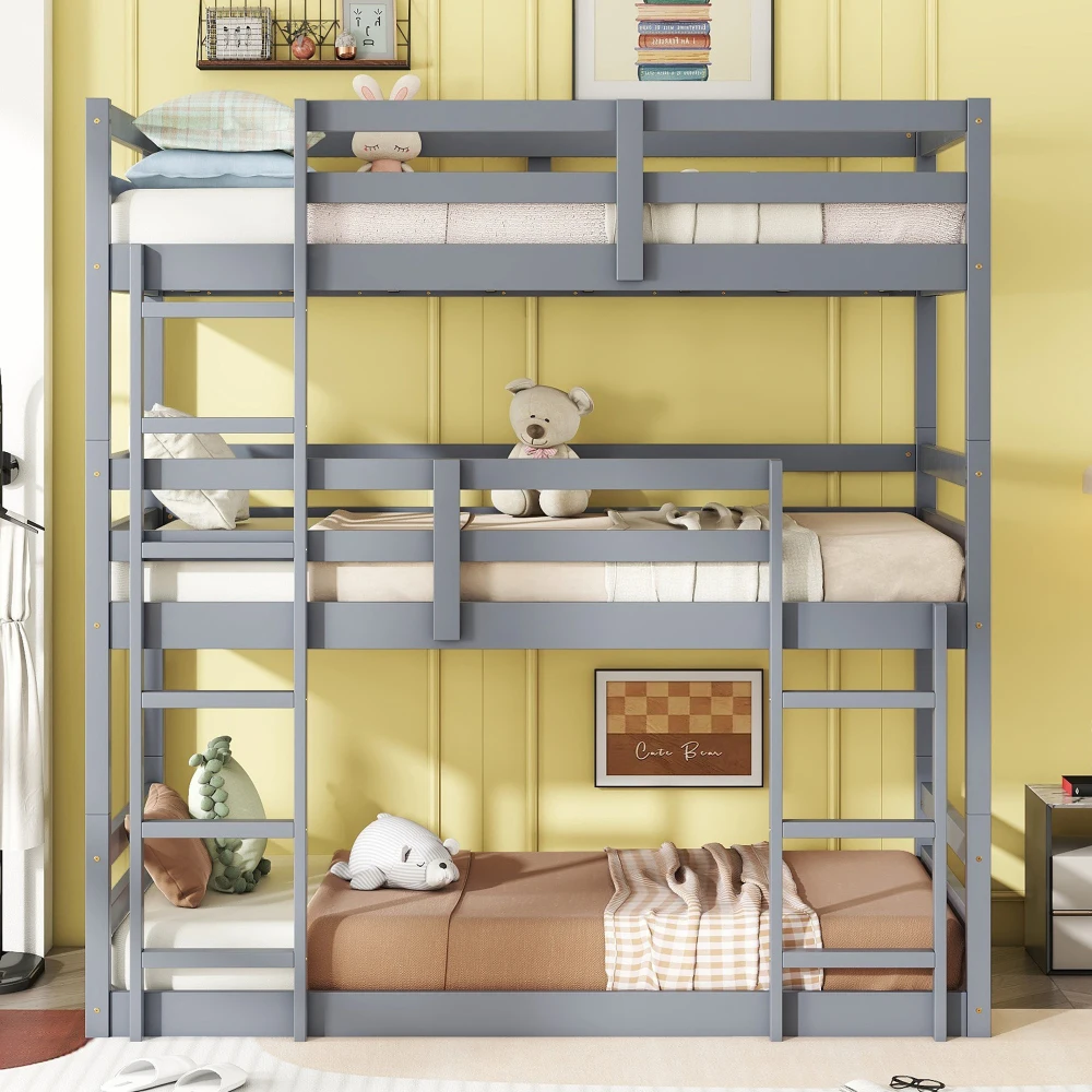 

Triple Rubber Wood Bunk Bed with Two Built-in Ladders, Guardrails, Twin over Twin over Twin, Detachable Triple Twin Bunk Bed