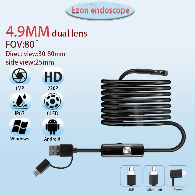 

1MP4.9mm Dual Lens FOV80° HD Industrial Endoscope Camera for Pipeline Inspection 3.5m USB Type-C Android 3-in-1 Endoscope Camera