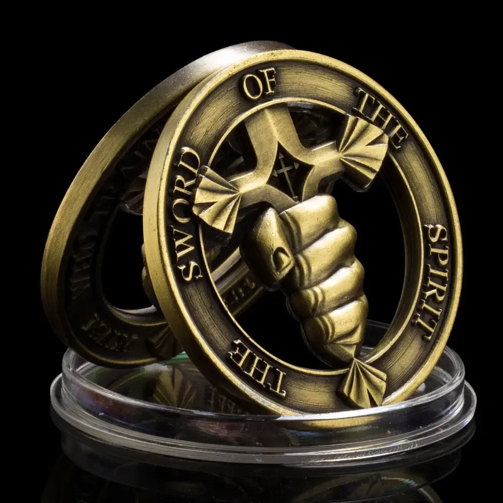 The Sword of The Spirit Piercing Bronze Plated Challenge Coins Who Trains My Hands for War Commemorative Coin