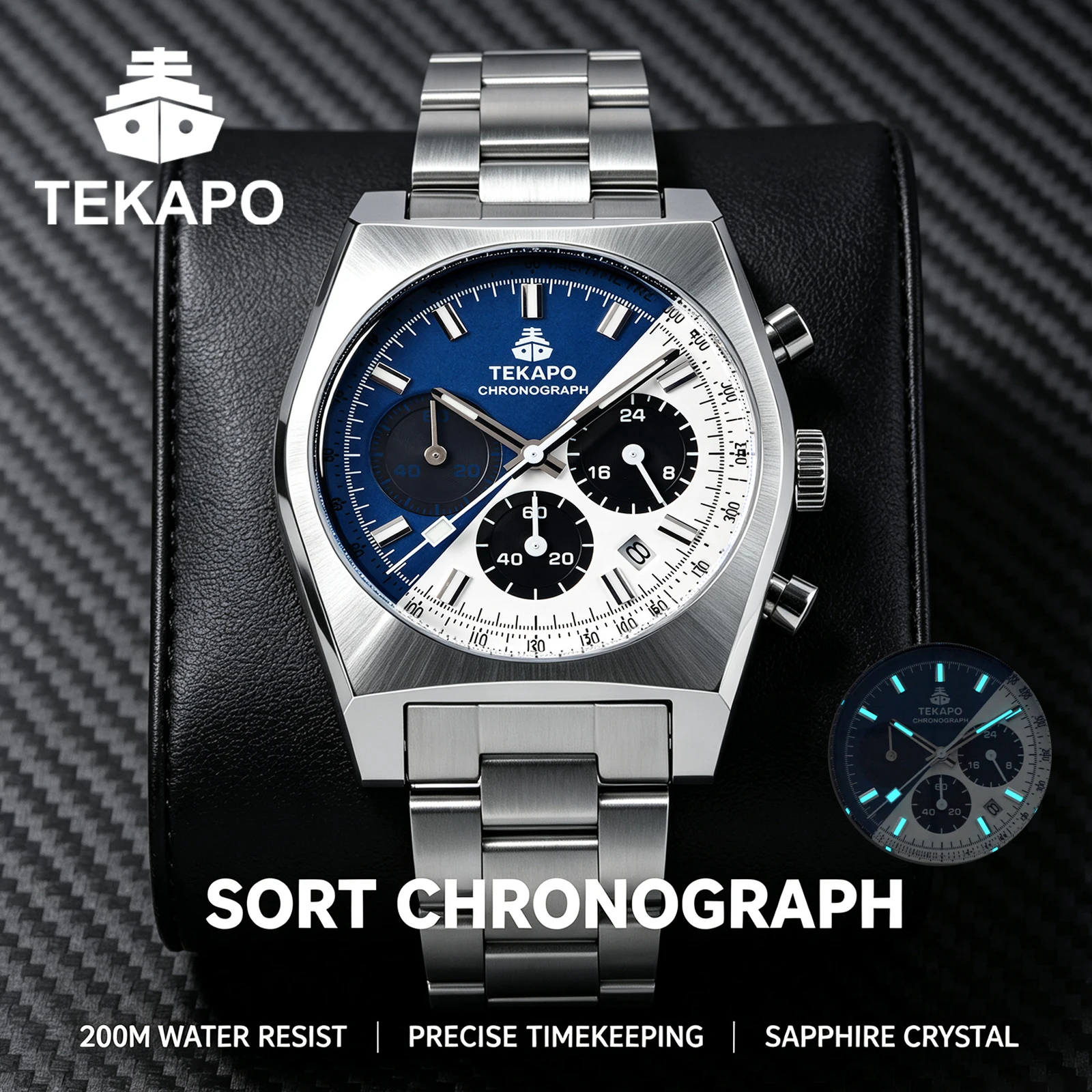 Men's Quartz Diver Watch 40mm VD53 Chronograph 200M Waterproof Sapphire Crystal BGW-9 Super Luminous Blue White Dial Steel Strap