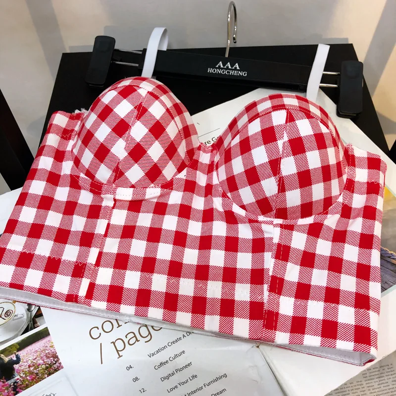 2022 Mesh Push Up Bralette Retro Bouncy Plaid Camisole Outside Wearing Short Navel Top Full Cup Gathered Fishbone Corset Summer