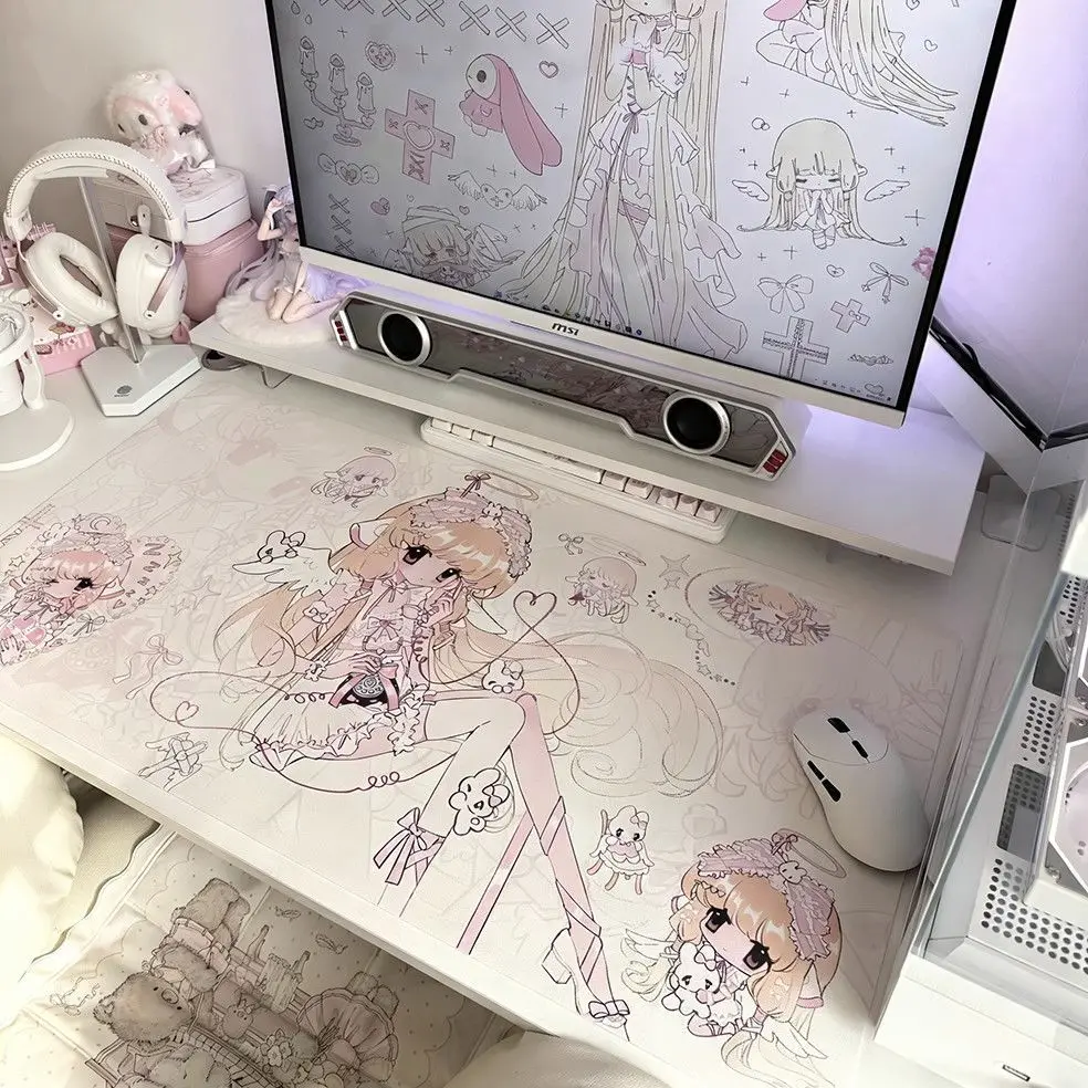 PU Leather Mouse Pad Kawaii Anime Pink Girl Cross Angel Bow Mouse Pad Office Desk Mat Waterproof Non-Slip PU Desk Blotter Pad