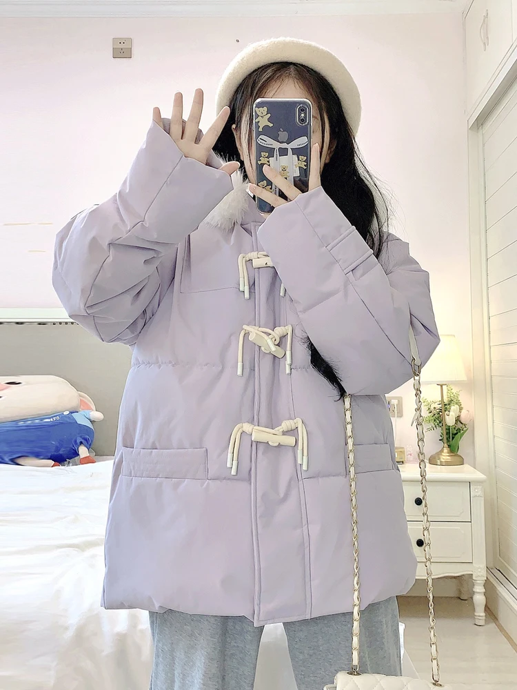 Chaqueta de Plumón para Mujer, Invierno 2025, Nueva, Talla Pequeña, Sensación de Alta Gama, Cuello de Piel, Abrigo Cálido con Botones, Estilo Dulce y Cálido