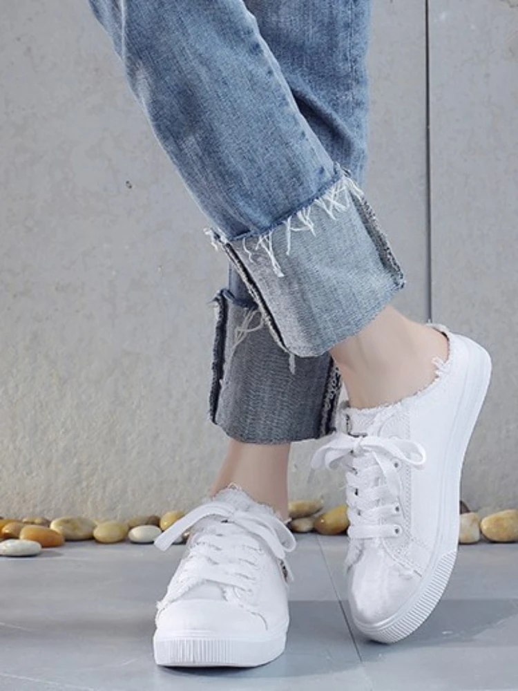 New 2024 Spring Summer Women Canvas Shoes Flat Sneakers Women Casual Shoes Half Slippers zapatos de mujer