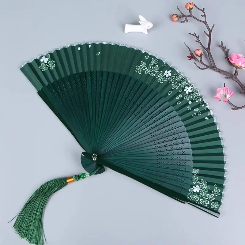 Bamboo Folding Fan with Large Tassel Portable Summer Cooling Daily Fan for Women Cheongsam Dance