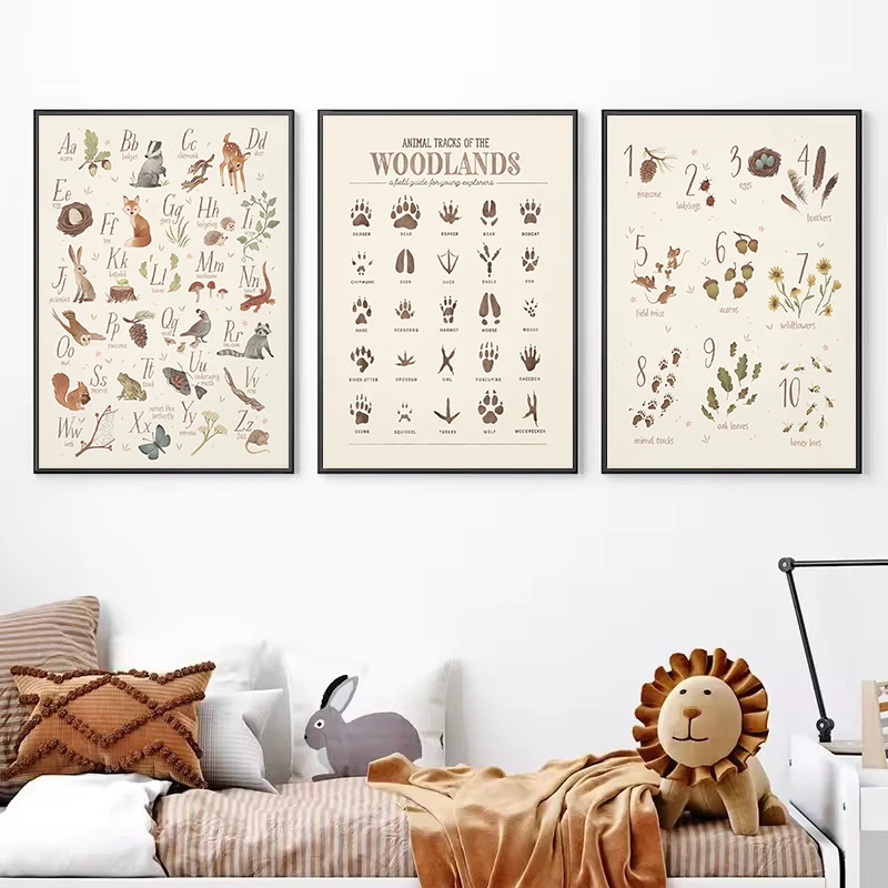 Cartoon Woodland Alphabet Number Forest Animal Tracks Poster Canvas Painting Wall Art Pictures Home Nursery Child's Room Decor