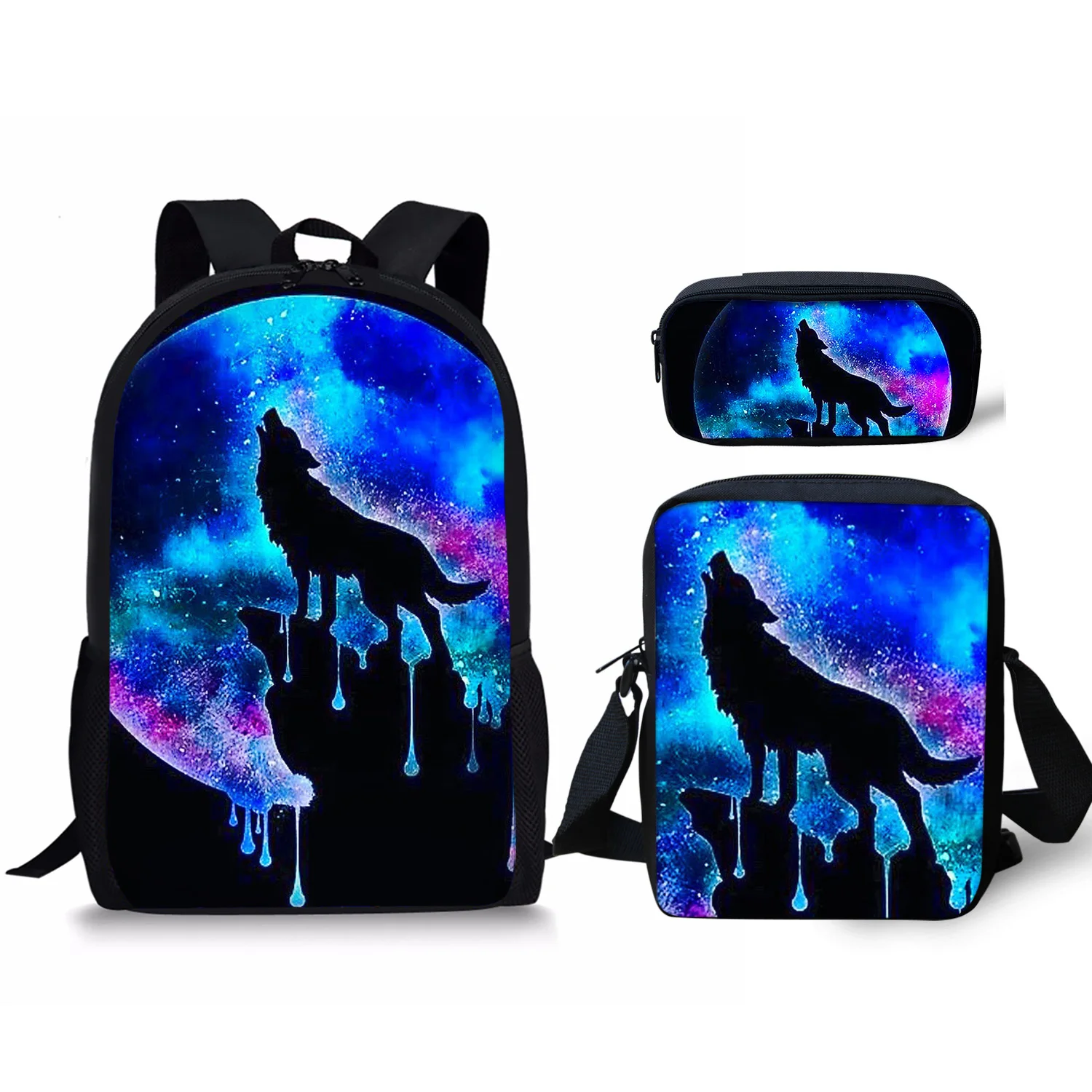 Beliebte jugendliche Wolf auf dem Mond Muster 3D-Druck 3 teile/satz Student Reisetaschen Laptop Daypack Rucksack Umhängetasche Bleistift Fall