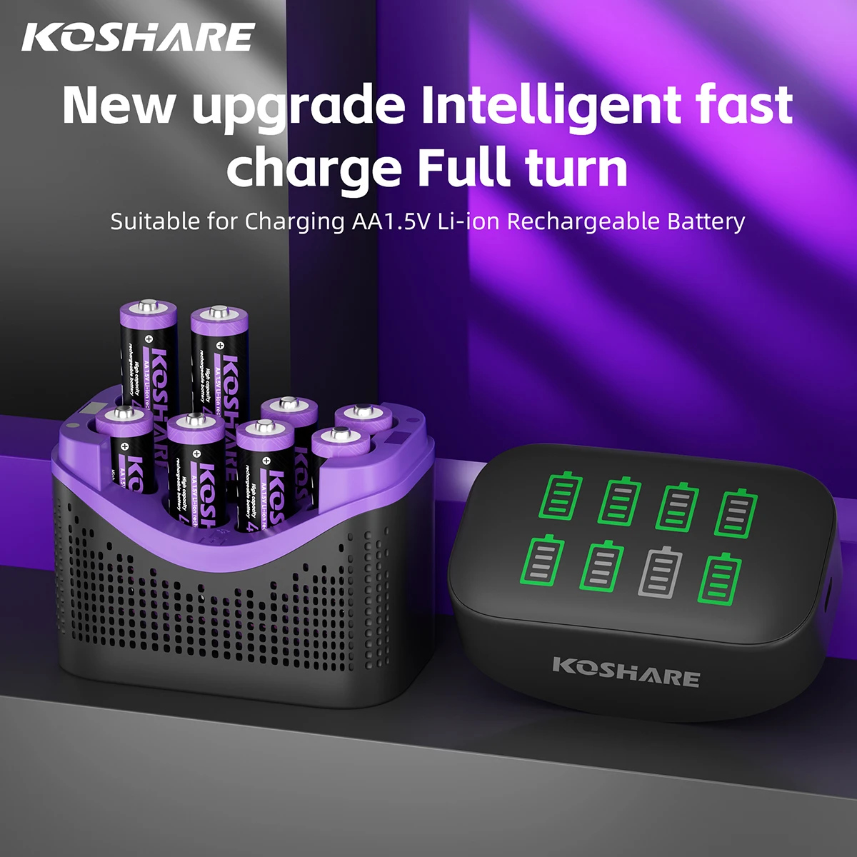 KOSHARE 1.5V AA Rechargeable Lithium Battery 4255mWh Li-ion Batteries With Constant Voltage 8-Slot LCD Display Smart Charger Box
