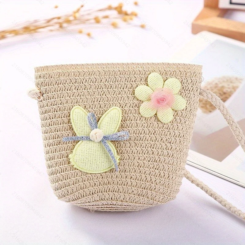 

Straw Bag , Cute Woven Bucket Bag, Stylish Floral Pattern Sling Bags, Boho Summer Beach Crossbody Purse with Adjustable Strap