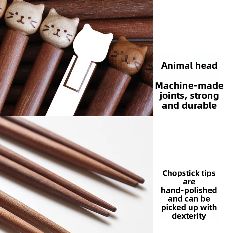 Solid wood kitten chopsticks household high-end tableware adult cute wooden chopsticks spoon set