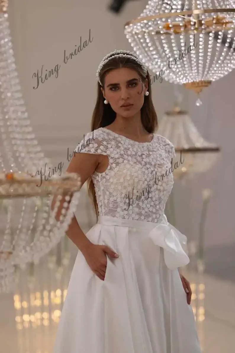 Simple Wedding Dress Floral Lace Wedding Dress Satin Skirt Corset Gown with Detachable Bow | A-Line Custom Bridal Gown