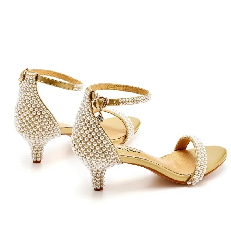 Summer High-heeled Women\'s Sandals String Bead PU 5CM Thin Heels Buckle Strap Wedding Dress Women\'s Shoes Golden Middle Heels