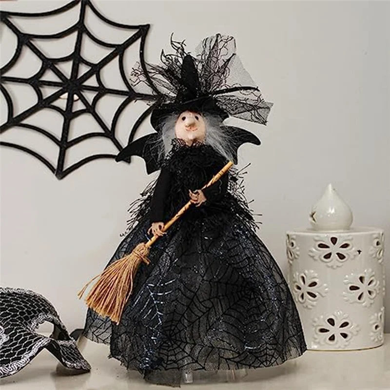 Halloween Witch Decoration 11 Inches Witch Doll Halloween Veil Witch Doll Witch Hat and Witch Broom Green