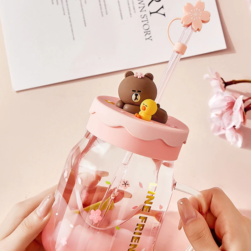 Anime 800Ml Pink Brown Bear Glass Cup Kawaii Portable Handle Water Mug with Lids Straws Fashion Sweet Juice Milk Coffee Bottle