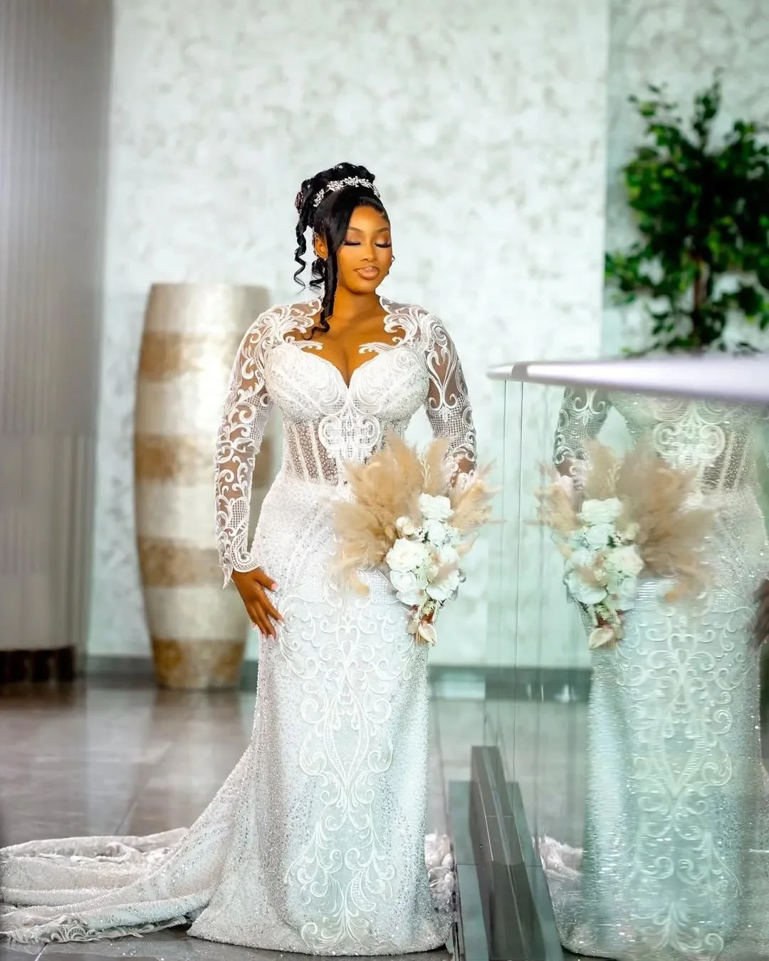 Robe de mariée sirène personnalisée, grande taille, manches longues, dentelle perlée, Tulle à plusieurs niveaux