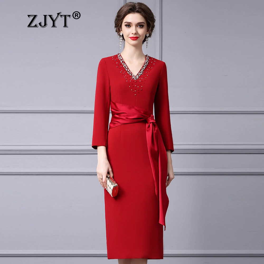 

ZJYT Luxury Beading V Neck Red Formal Occasion Event Party Dresses for Women Spring 2024 Elegant Half Sleeve Midi Dress Straight