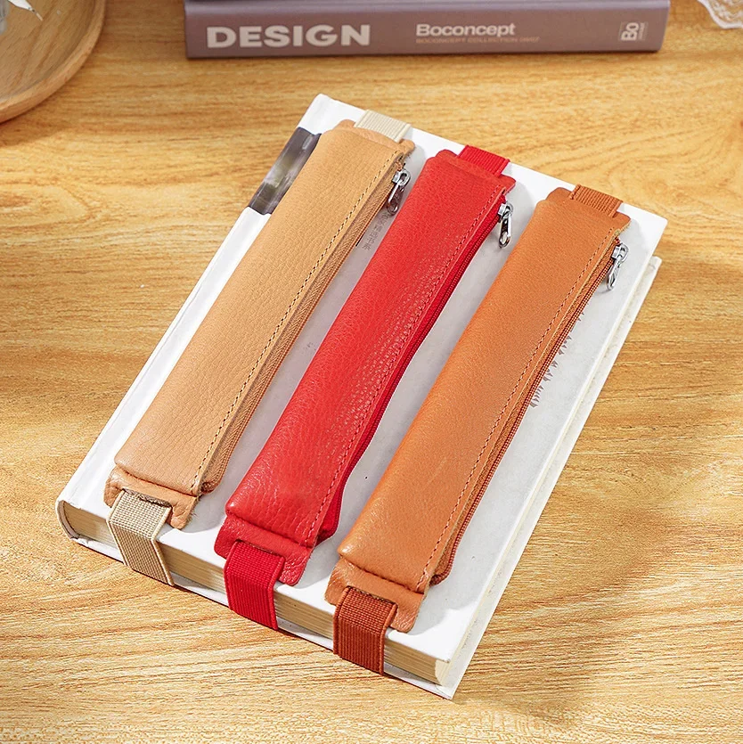 Natural Cowhide Zipper Pencil Pen Case Vintage Retro Pen Pouch Vegetable Tanned Leather Pencil Bag for School Stationery Supply