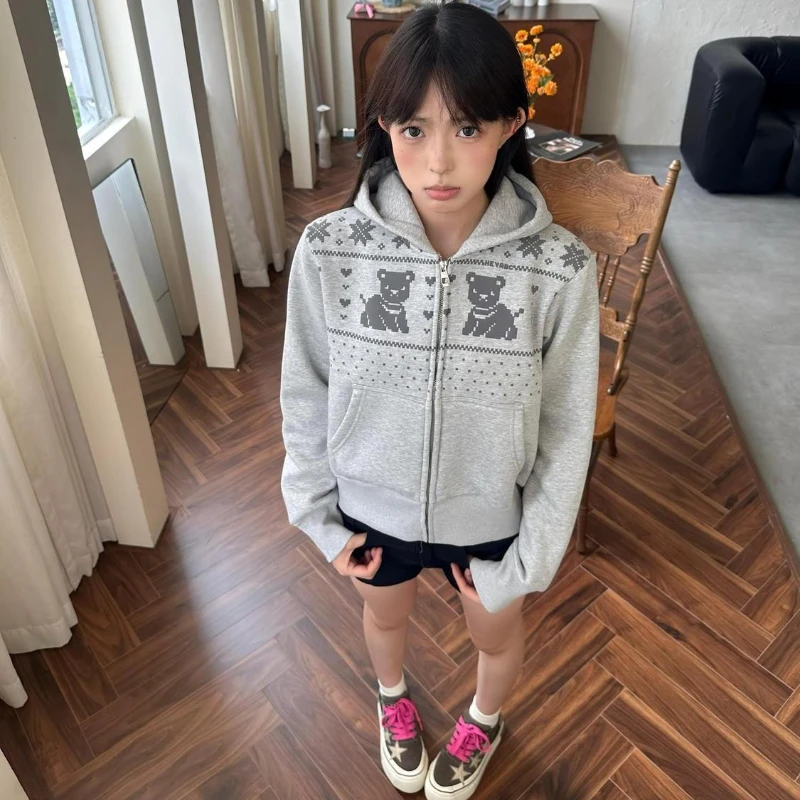

Deeptown Vintage Kawaii Print Hoodies Women Gray Casual Harajuku Hooded Sweatshirts Korean Style Retro Loose Zipper Hoodies