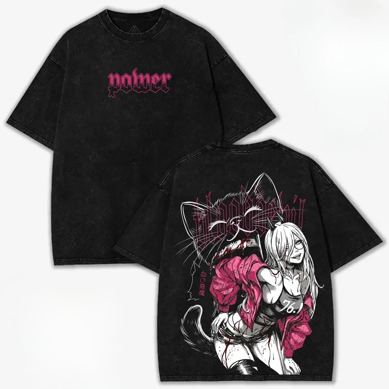 Chainsaw Man Power Print T-shirt Vintage Washed T Shirt Unisex Harajuku Anime Short Sleeve Tee Casual Oversized Streetwear Tops