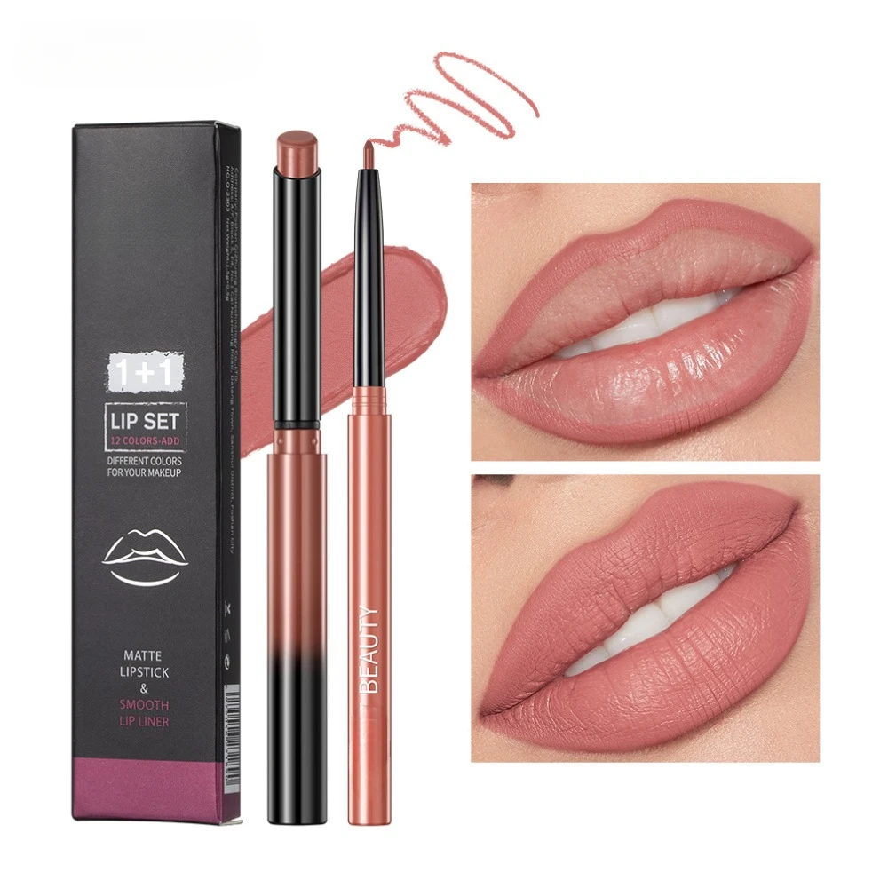 Juego de lápiz labial, lápiz labial mate, tinte de contorno rojo desnudo, lápiz labial de larga duración, taza antiadherente, delineador de labios, maquillaje, lápiz labial