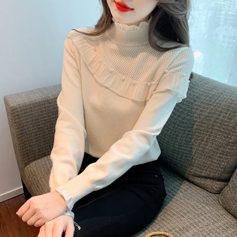 Autumn Winter 2026 Women's Knitted round Neck Half High Ruffle  Design Sensation Base Layer Top Floral Lace Trim