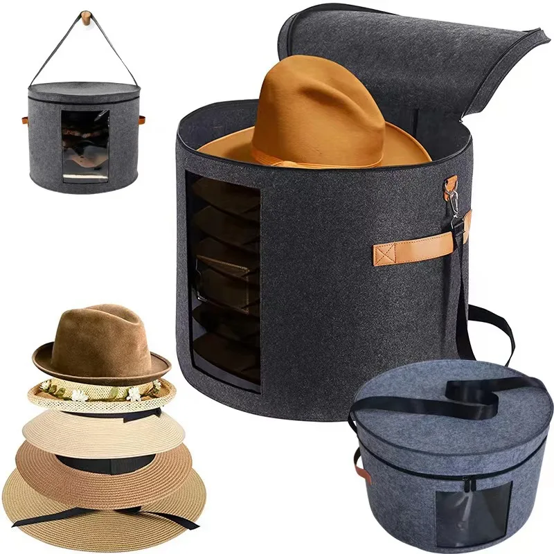 

Dustproof Hat Storage Box with Zippered Lid Clear Window Adjustable Shoulder Strap 18.9in Felt Round Pop Up Box for Hat Clothes