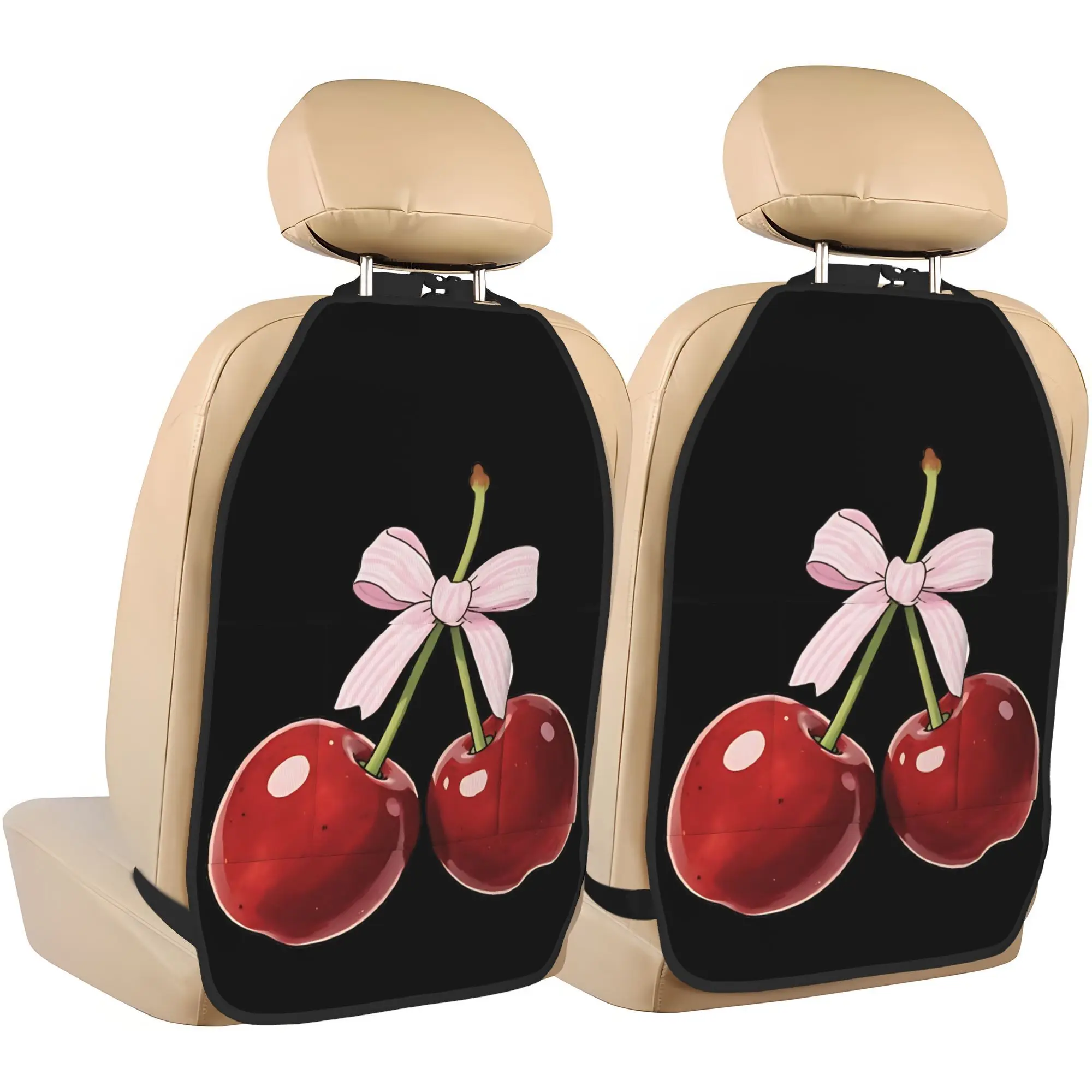 2D Printed Design, Set Of 2 Pink Bow Cherries Car Seat Back Anti-Kick Mats. Stylish Printed Storage Organizer Keeps Your Car Tid