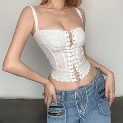 Sweet Cute Girl Crop Top White Lace Frill Zipper High Waist Bandage  Slim Fit Corset Top Women Harajuku Kawaii Vintage Cami Vest