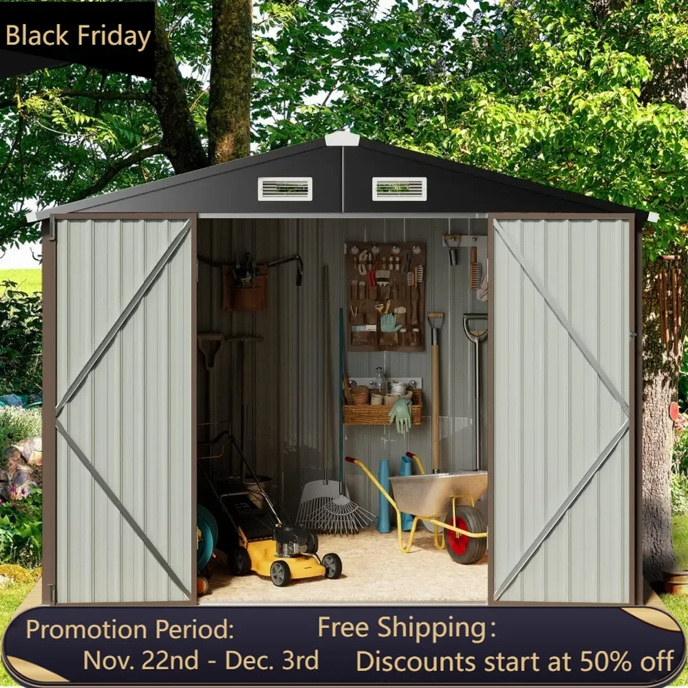 

5.6x8.5 FT outdoor steel tool shed, practical storage shed with lockable doors and ventilation openings, for use in gardens