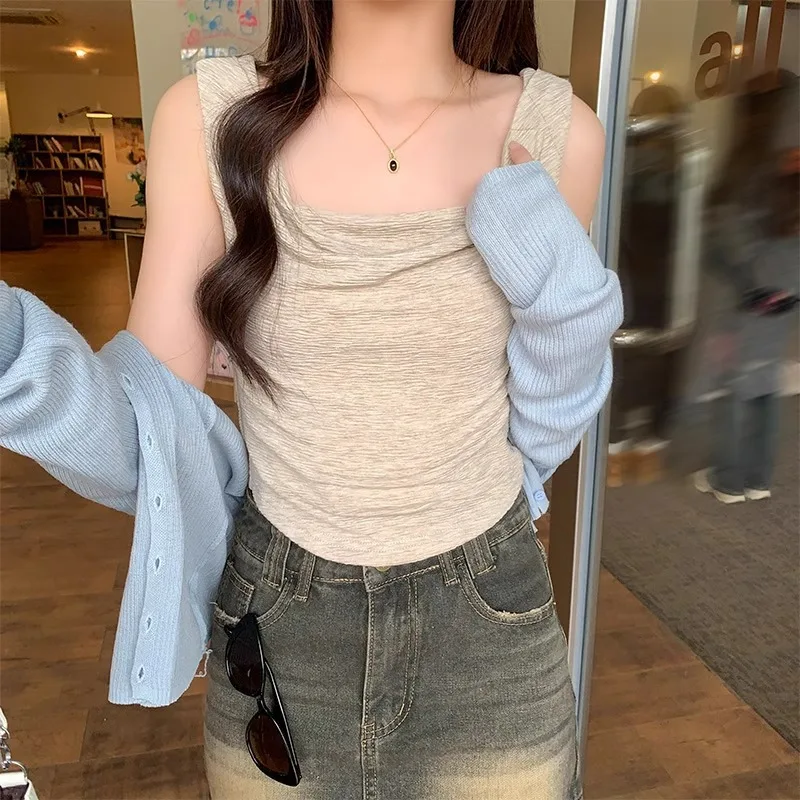 Chaleco camisola plisado sin mangas con escote cuadrado para mujer, con un diseño ajustado y de prendas de vestir exteriores