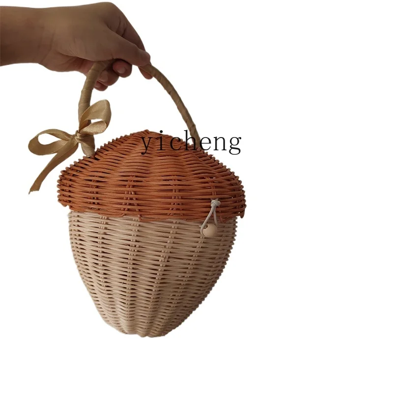 Tqh Rattan Storage Basket with Lid Small Mushroom Apple Basket Children's Simulation Toy Storage Basket