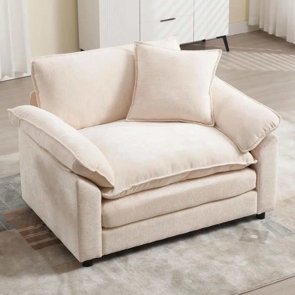 

Oversized Plush Chenille Armchair with Thick Cushion for Living or Bedroom, Beige