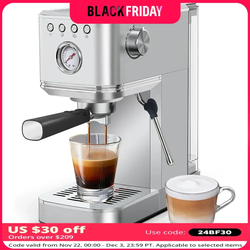 Coffee Machine 20 Bar with Milk Frother, Stainless Steel Automatic Espresso Coffee Machine for Home Latte & Cappuccino Maker