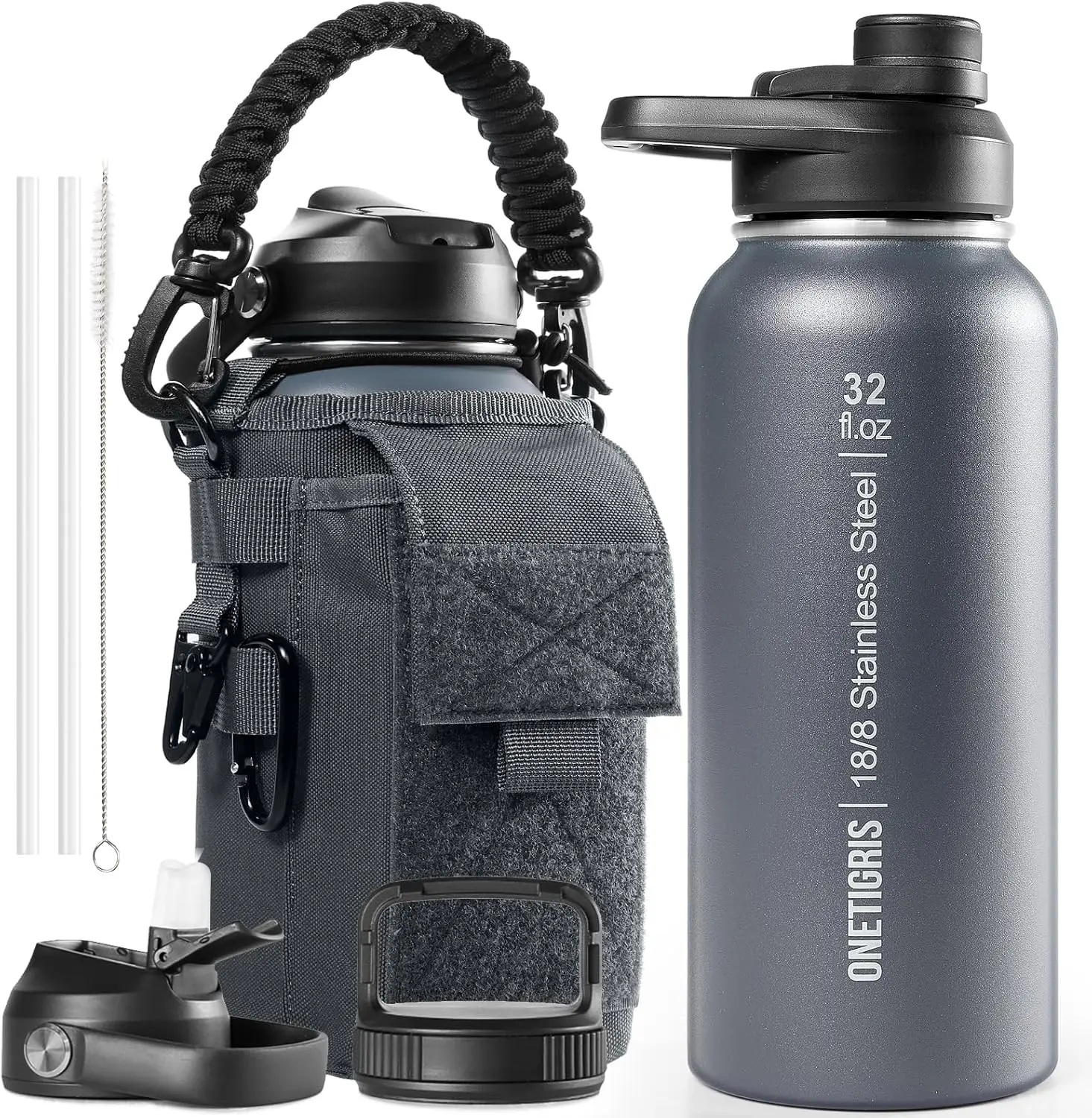 

32 oz Insulated Water Bottle with Straw - Stainless Steel Thermos, Leakproof Wide Mouth, 3 Lids & Sleeve for Travel, Gym, Campin