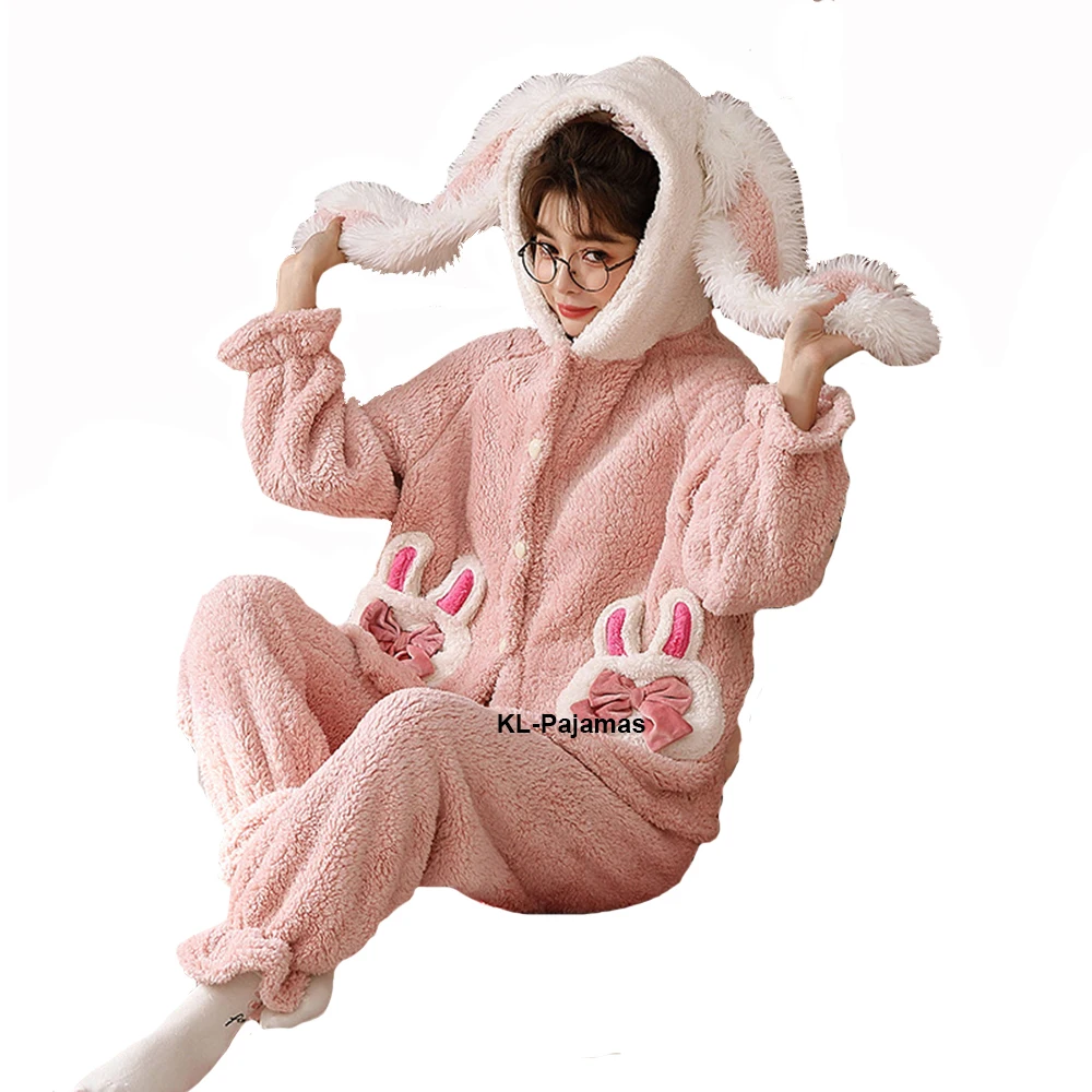 Fluffy Long-eared Bunny Cosplay Pajamas Set Winter Cute Pink Coral Fleece Hooded Sleepwear Sets Women Sweet Kawaii Warm Homewear