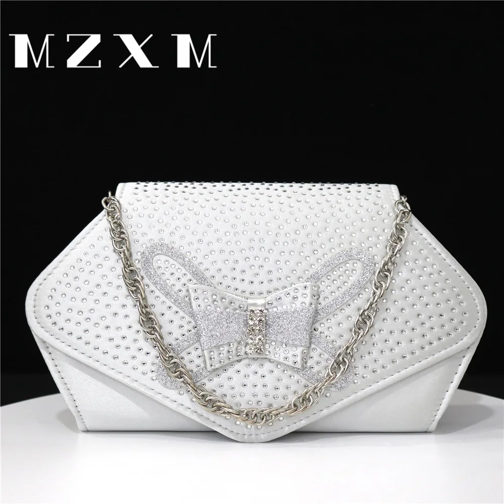 

Bride Wallet Metal Chain Luxury Wedding Rhinestone Crystal Bow Applique Design Handbag Women's Party Crossbody Bag